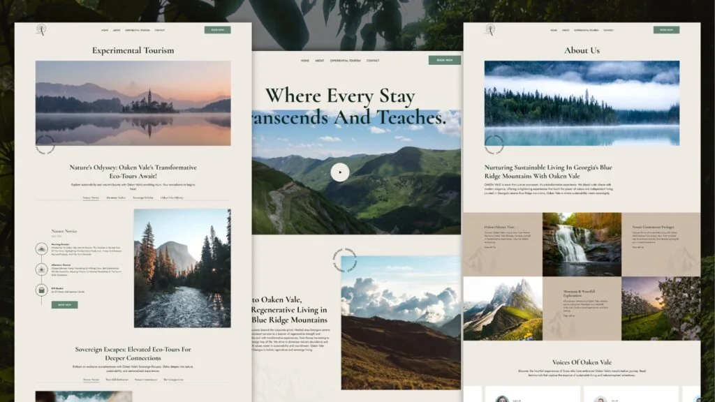 Oaken Vale eco tourism website pages: Where Every Stay Transcends And Teaches, with mountain and forest photos