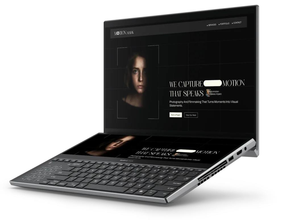 A laptop showing the Motion Mark photography website with a woman’s portrait