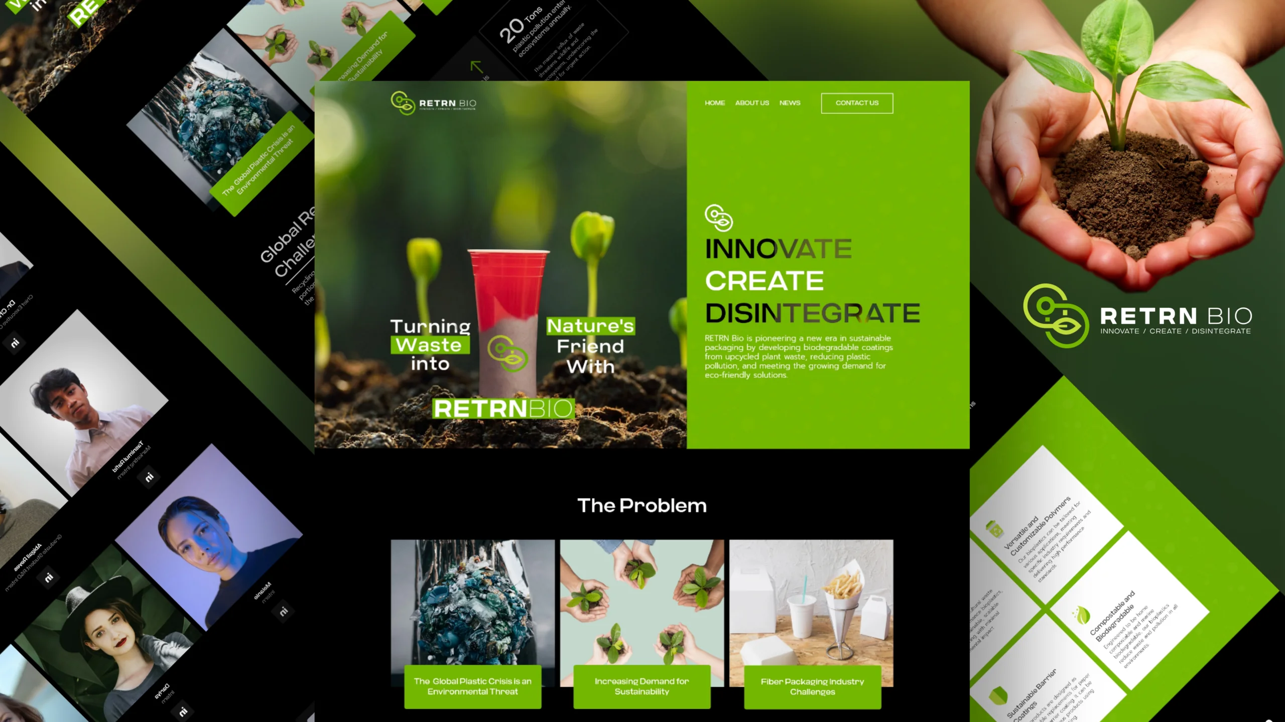 RETRN BIO website pages in green and black: Innovate, Create, Disintegrate, with hands holding a seedling in soil