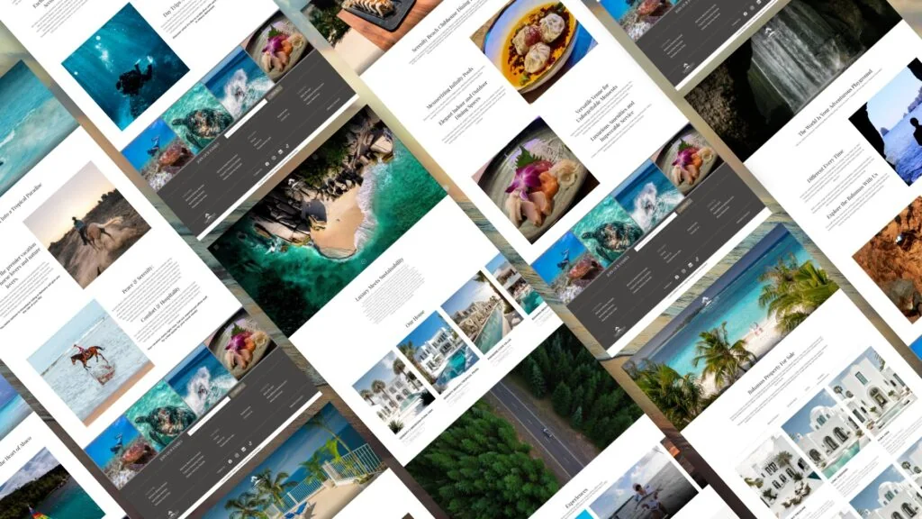 Serenity Beach website pages with photos of beaches, coral reefs, diving, white villas and food