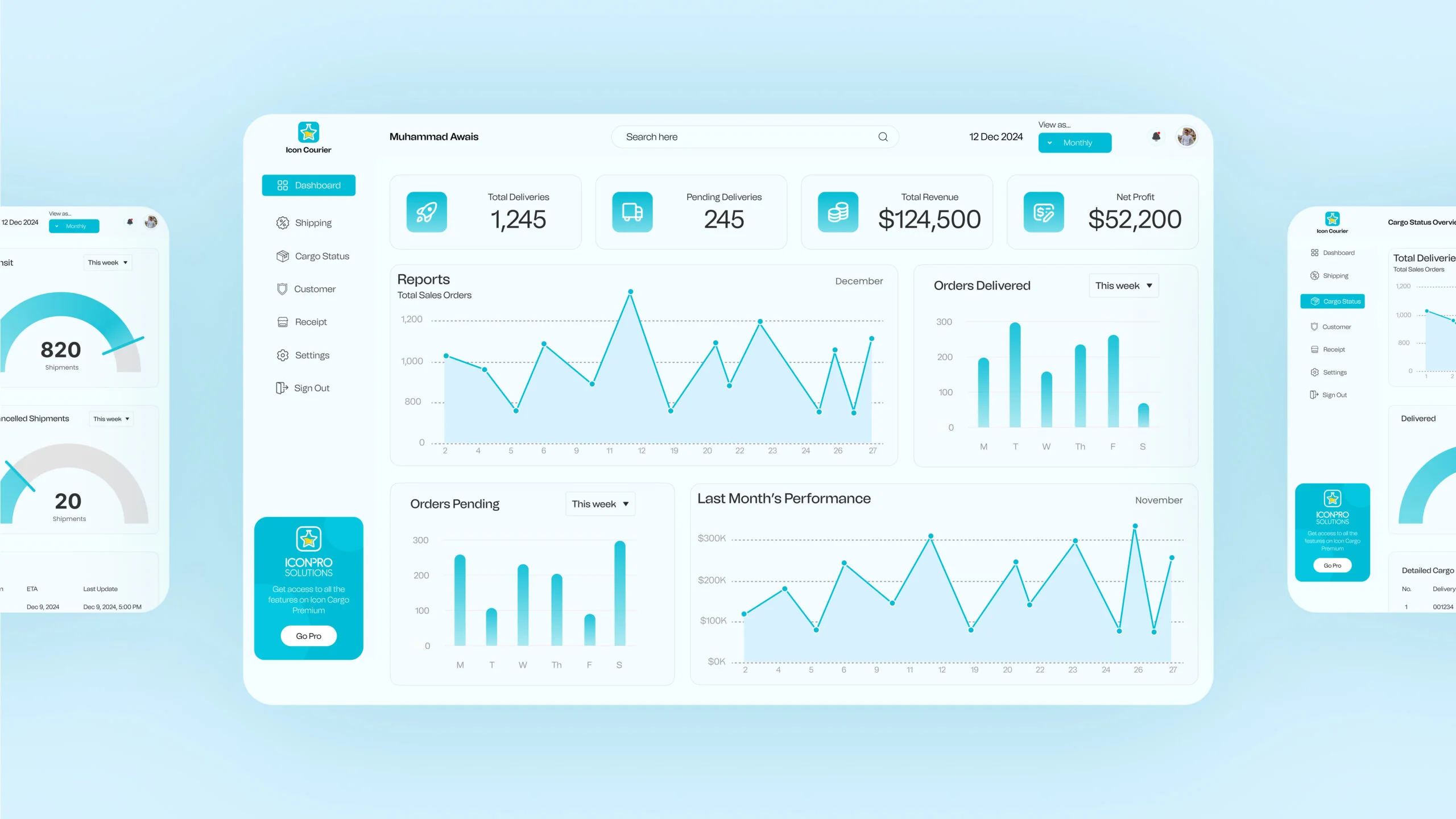 The Icon Courier cargo dashboard showing 1,245 deliveries and $124,500 revenue