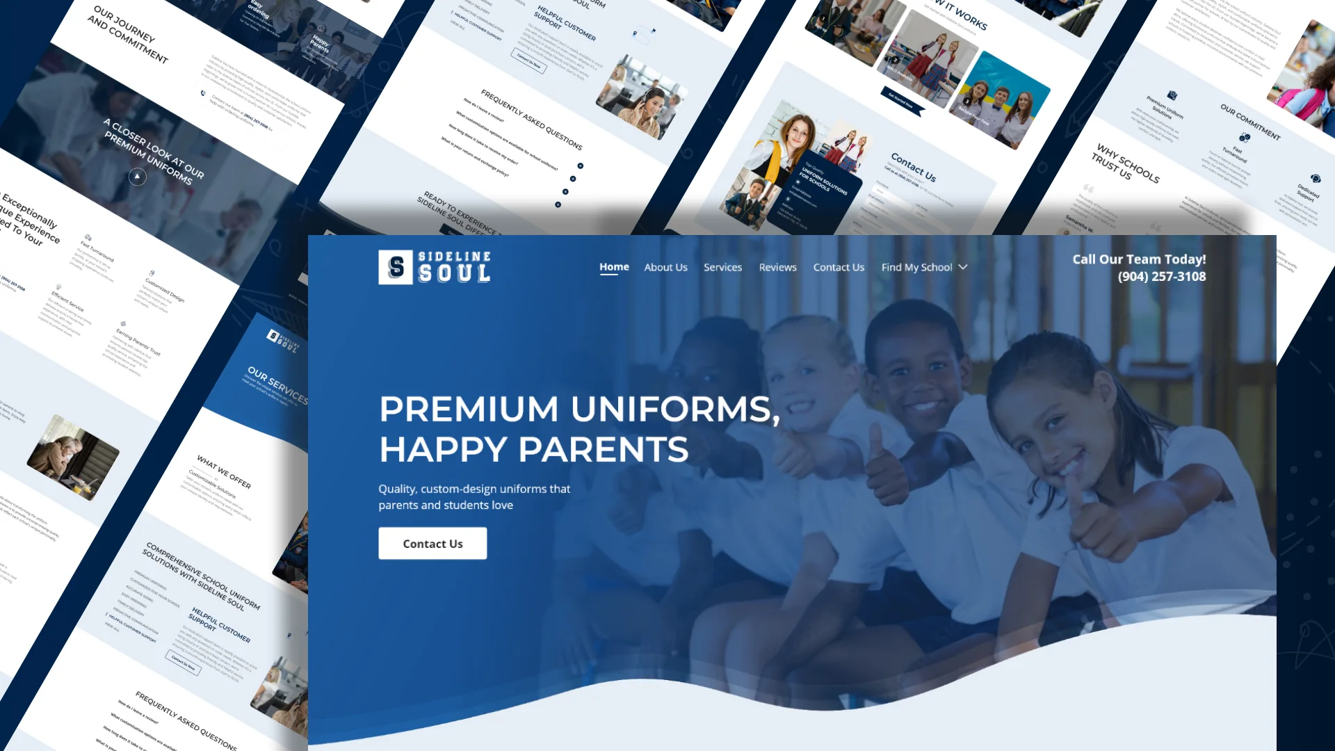 SideLine Soul school uniform website: Premium Uniforms, Happy Parents, with children giving a thumbs up