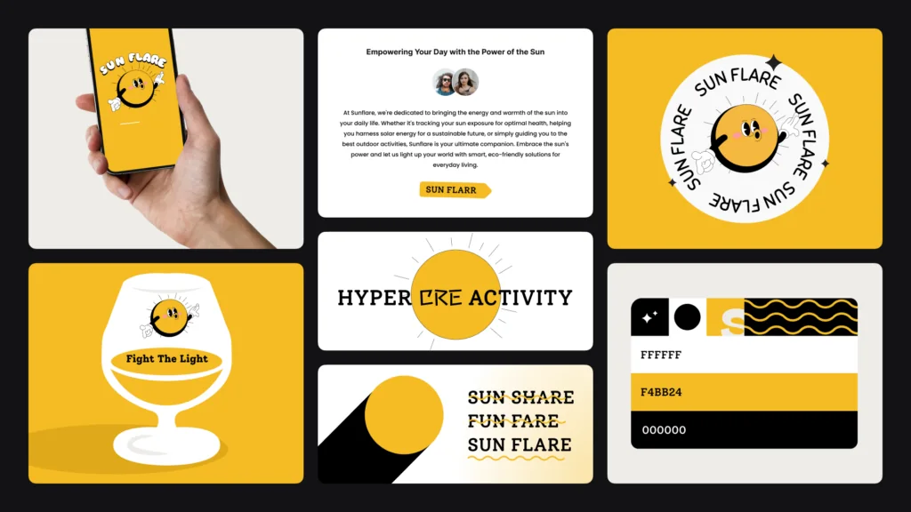 Sun Flare brand board with a yellow smiling sun mascot, phone screen, sticker, color palette and slogans