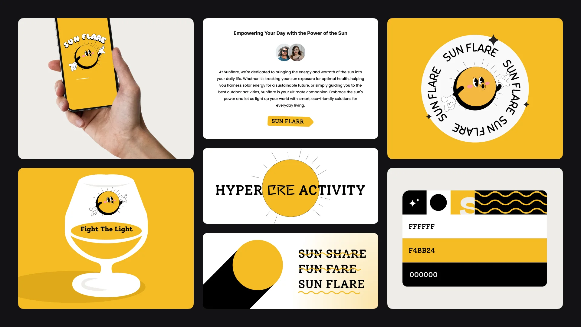 Sun Flare brand board with a yellow smiling sun mascot, phone screen, sticker, color palette and slogans