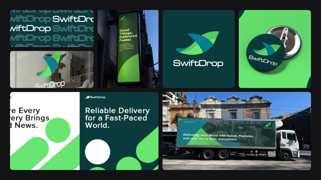 SwiftDrop brand board: green logo, badge, Reliable Delivery for a Fast-Paced World, and a delivery truck