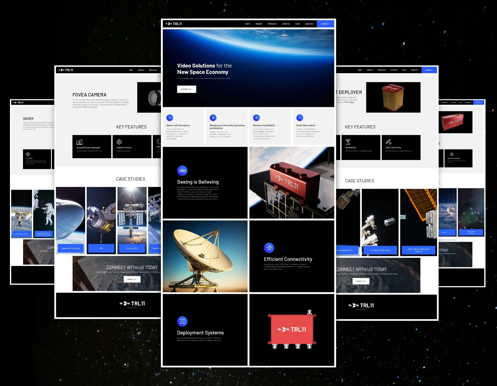TRL11 website pages on black headed Video Solutions for the New Space Economy, with space and satellite photos