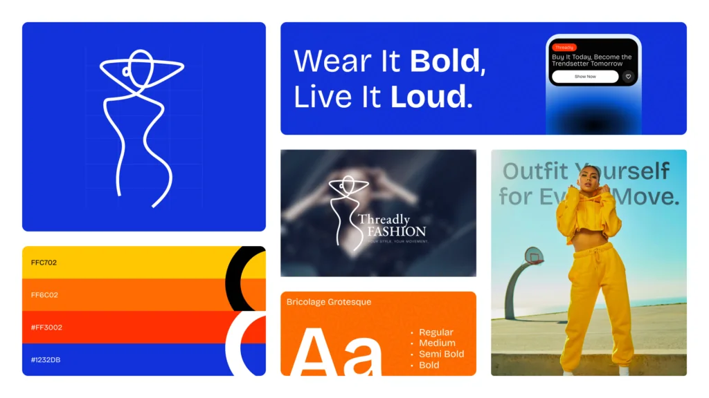 Threadly Fashion brand board: line drawing logo, Wear It Bold, Live It Loud, color palette and typeface