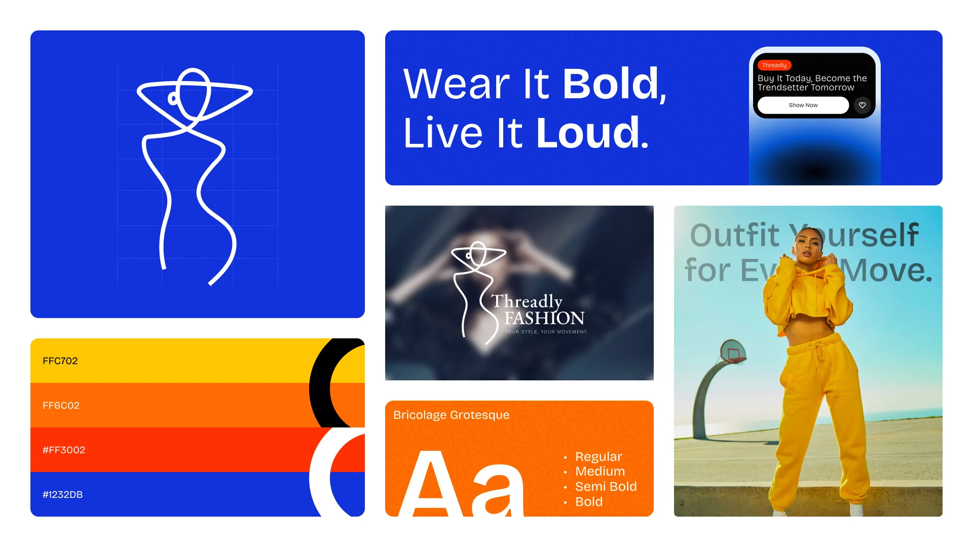 Threadly Fashion brand board: line drawing logo, Wear It Bold, Live It Loud, color palette and typeface