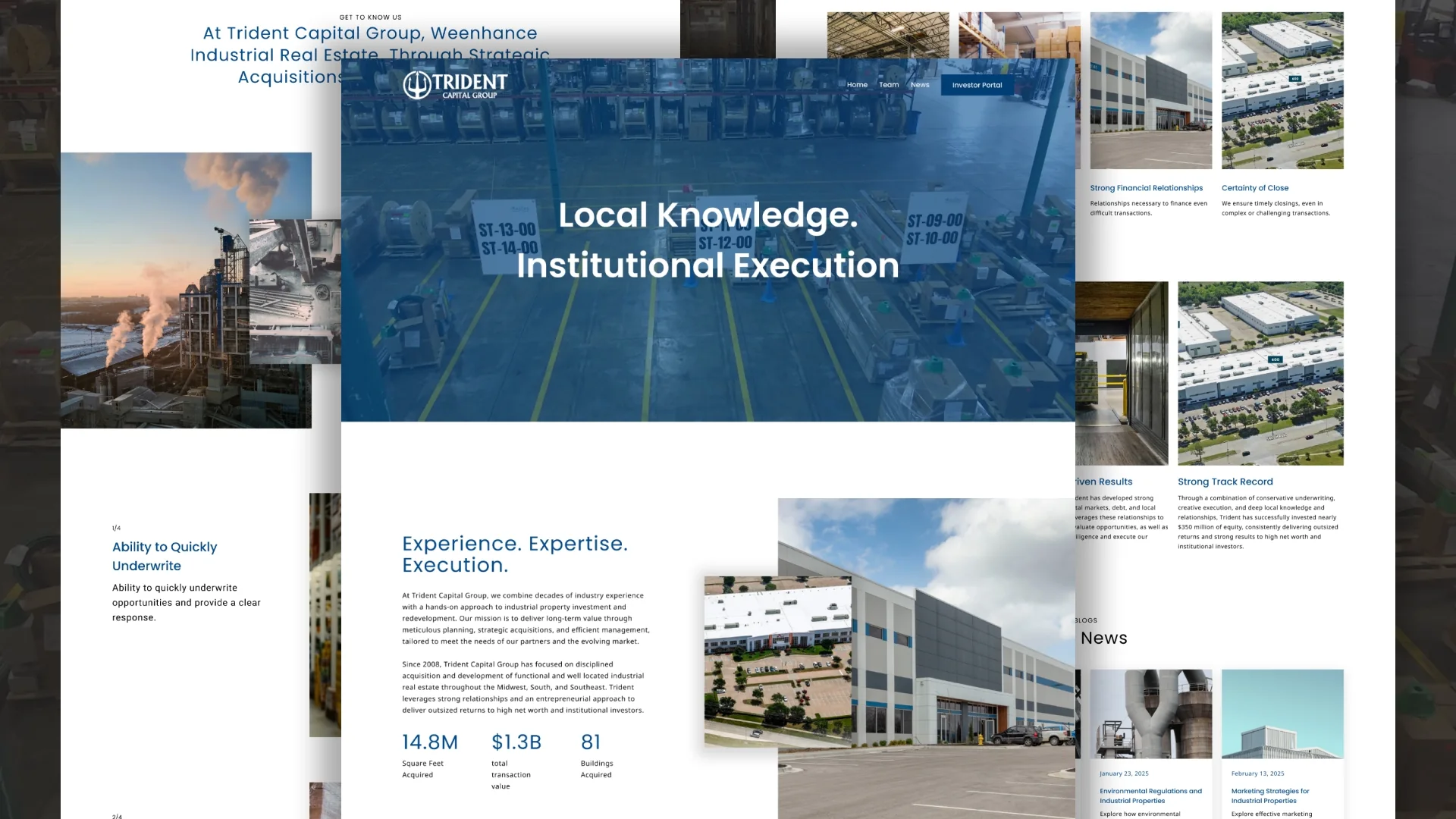 Trident Capital Group website pages: Local Knowledge. Institutional Execution, with industrial property photos