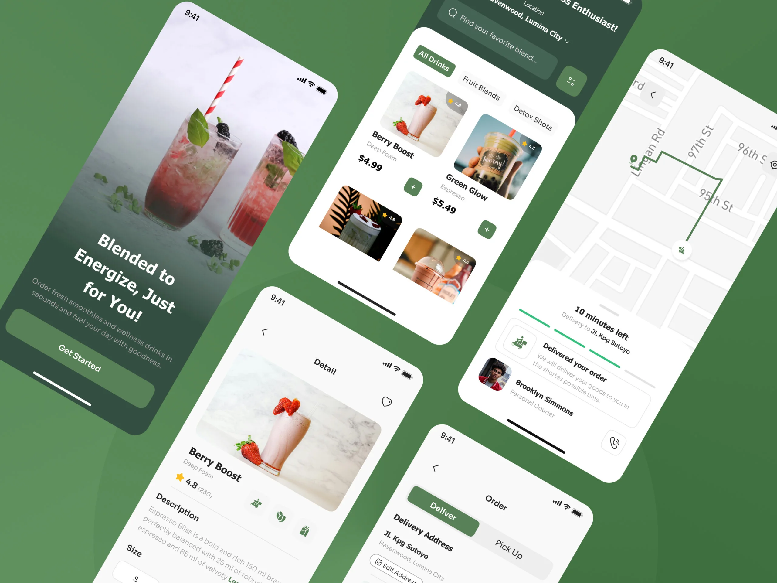 Smoothie ordering app screens: Blended to Energize, Just for You, with drink menu, details and delivery map