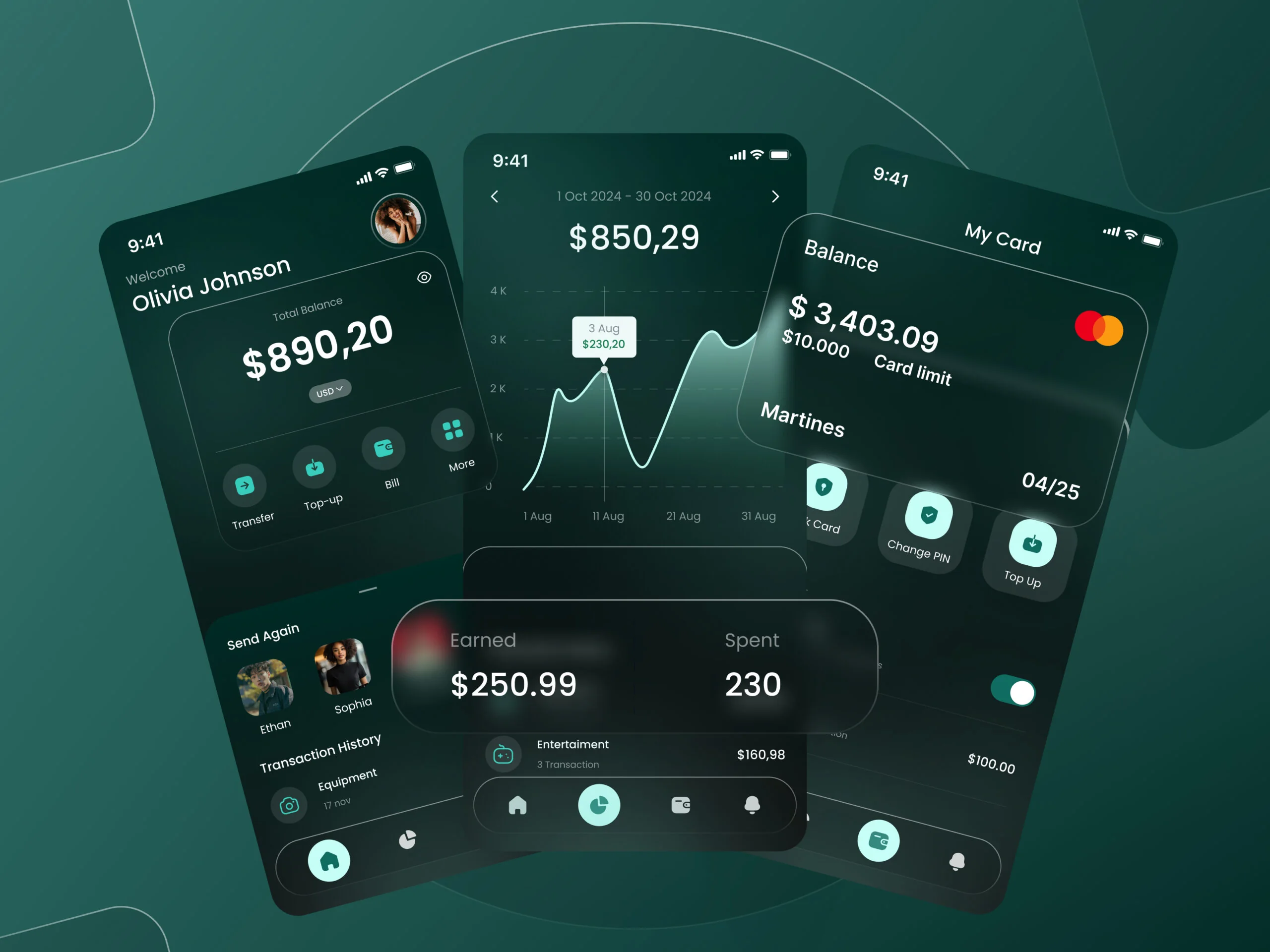 Banking app screens in dark green with account balance, spending chart, card details and transactions