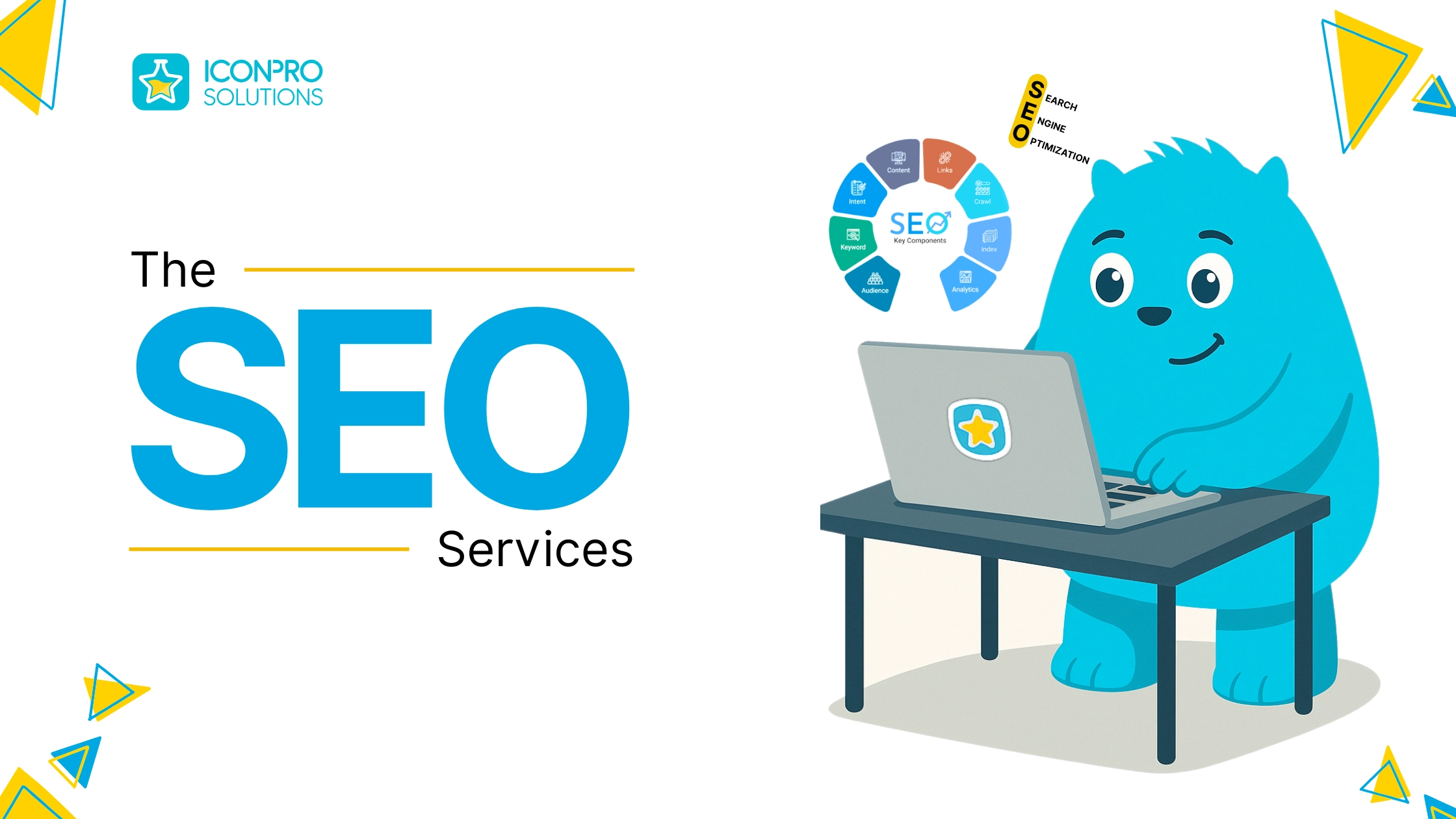 website design A blue monster sits at a desk with a laptop, surrounded by icons and a pie chart.