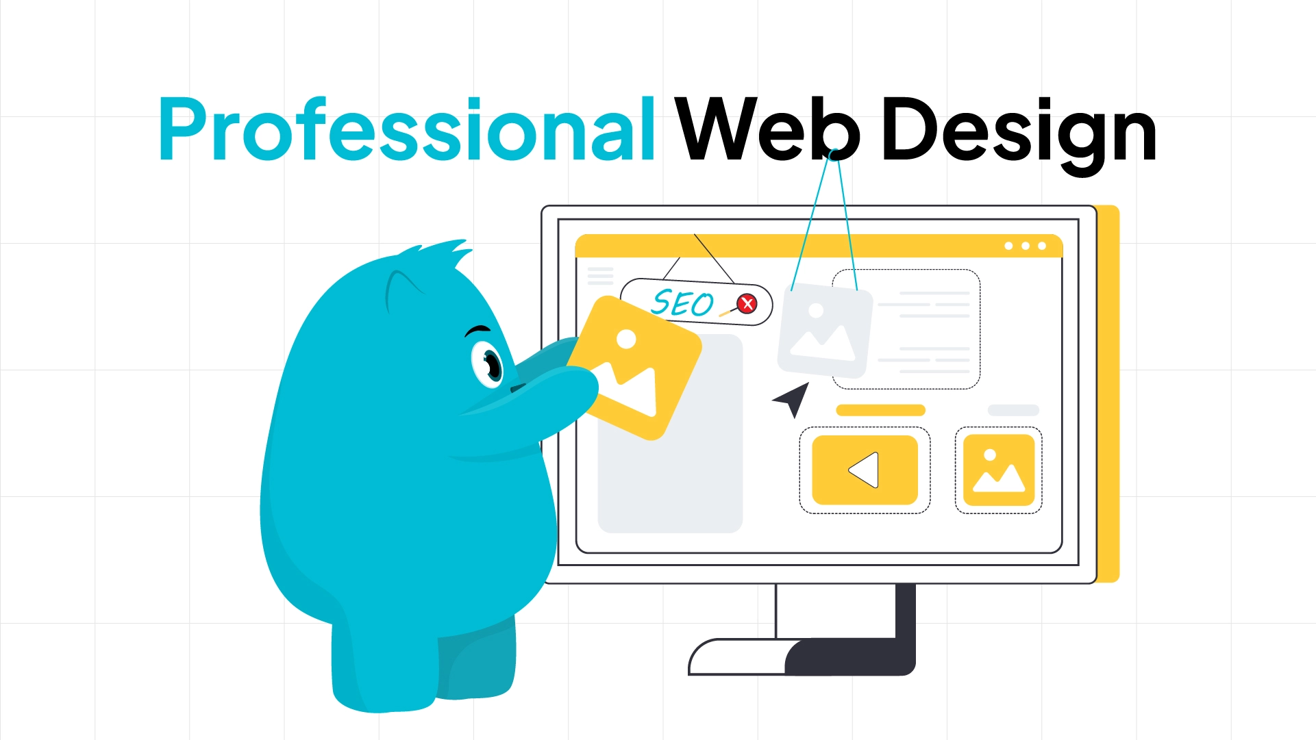 A blue monster holding a website design card, representing a professional web design for a business