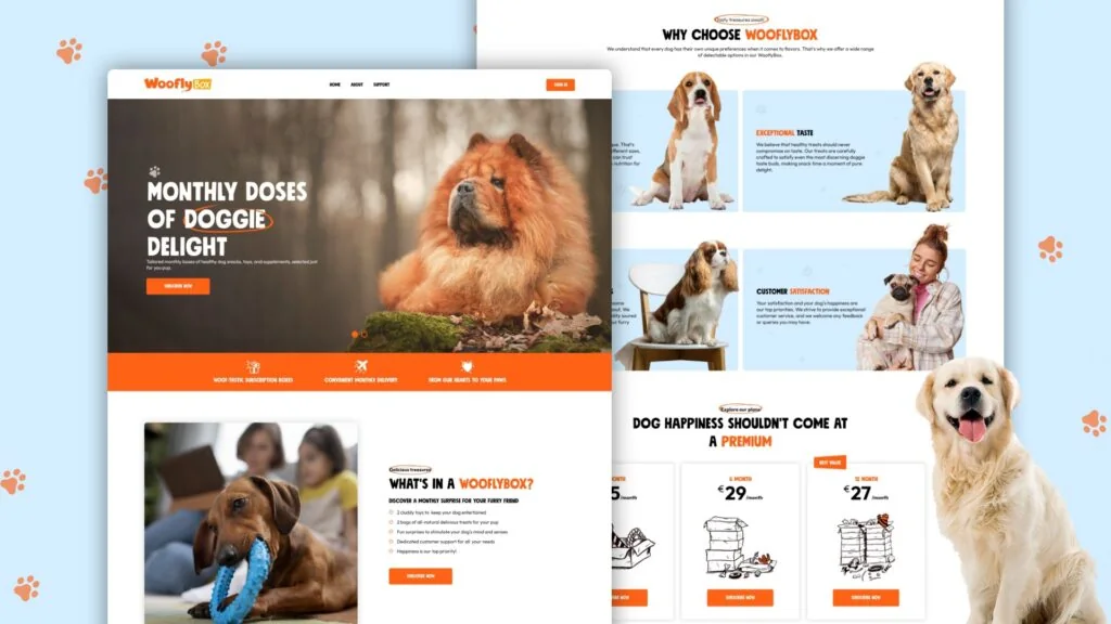 WooflyBox website pages with dog photos and the heading Monthly Doses of Doggie Delight