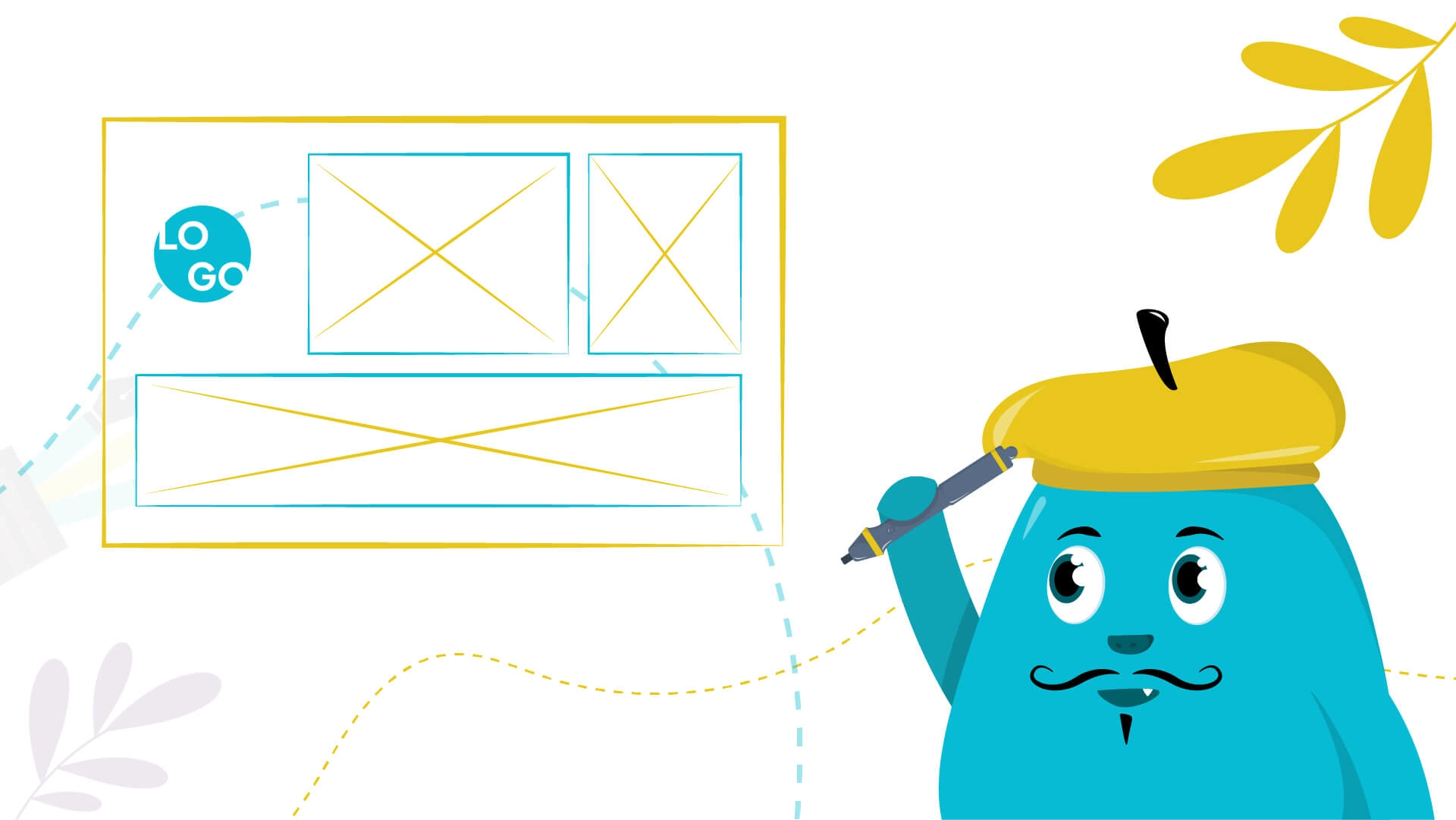 A blue monster with a mustache and a beret, holding a pen and looking at a website design