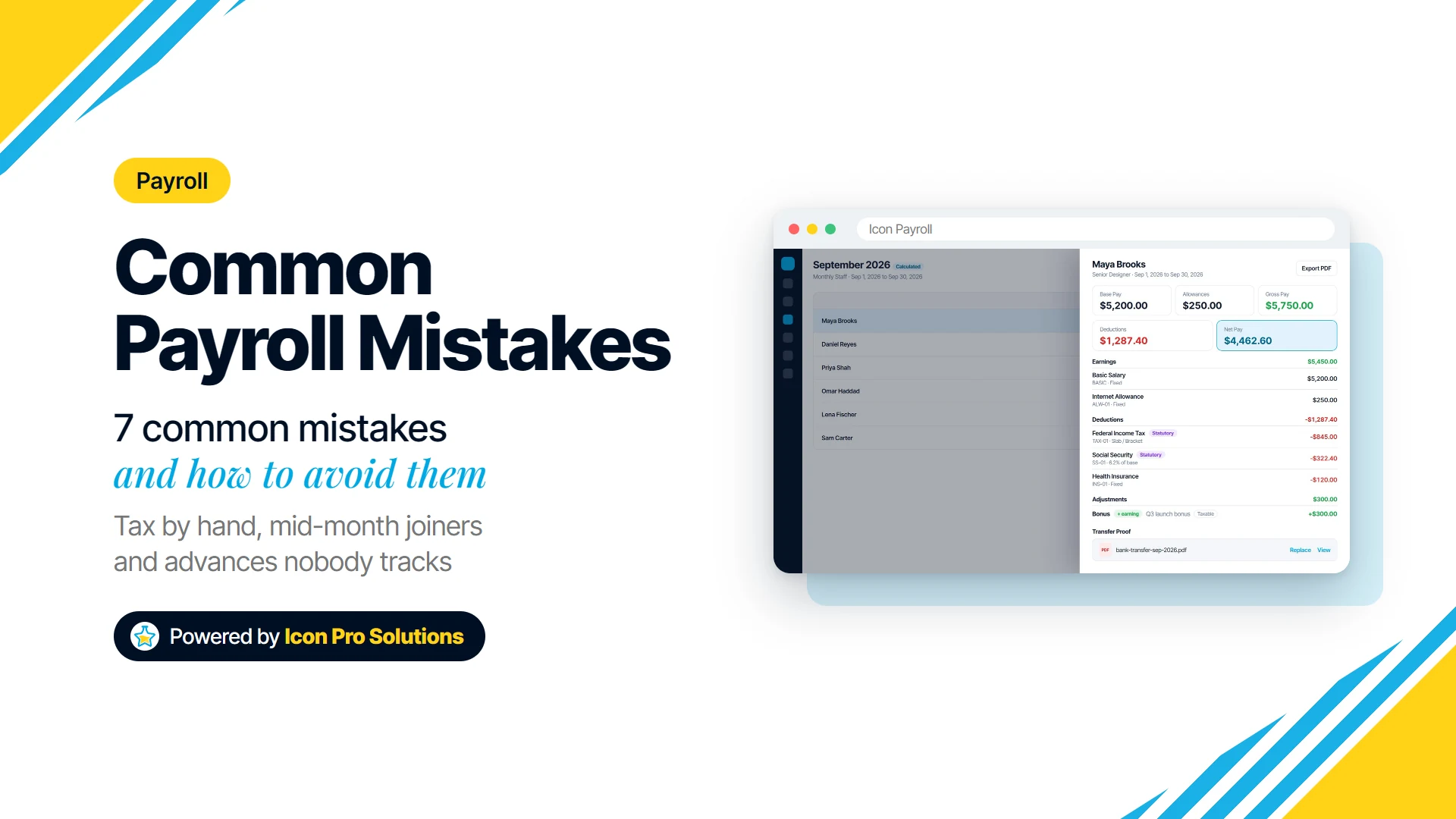 Common payroll mistakes and how to avoid them, with an Icon Payroll payslip showing earnings, deductions and statutory lines