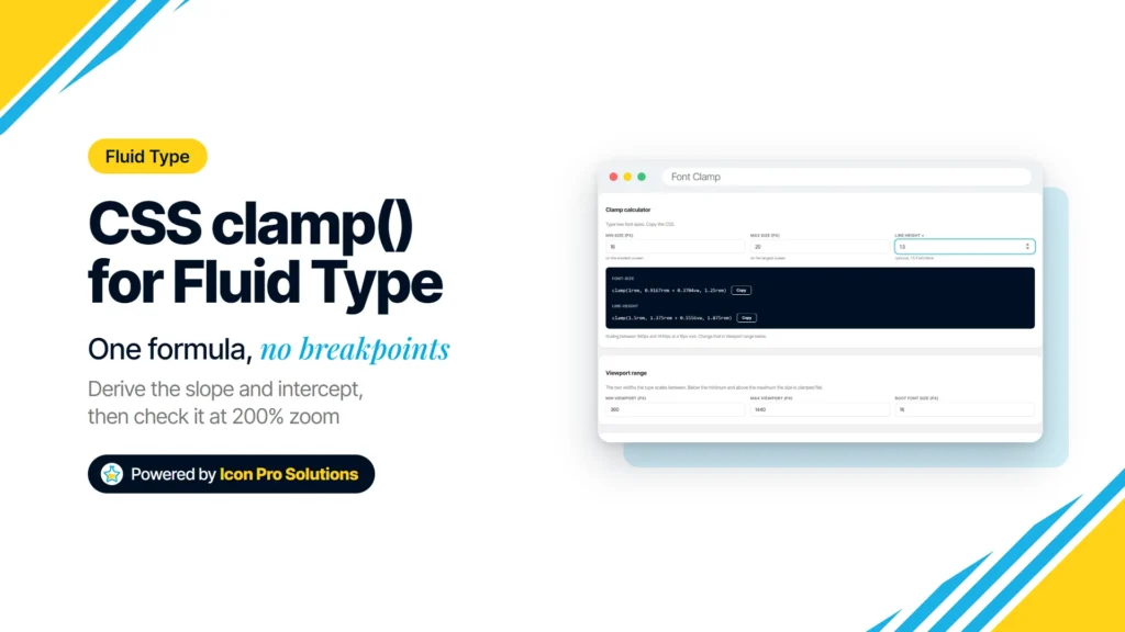 CSS clamp() for fluid typography, with the Font Clamp calculator scaling 16px to 20px between 360px and 1440px