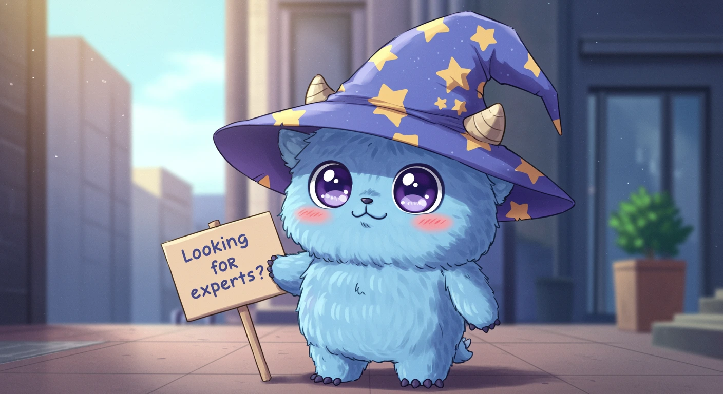 website design A cartoon cat in a wizard hat holding a sign saying 'Looking for experts?'