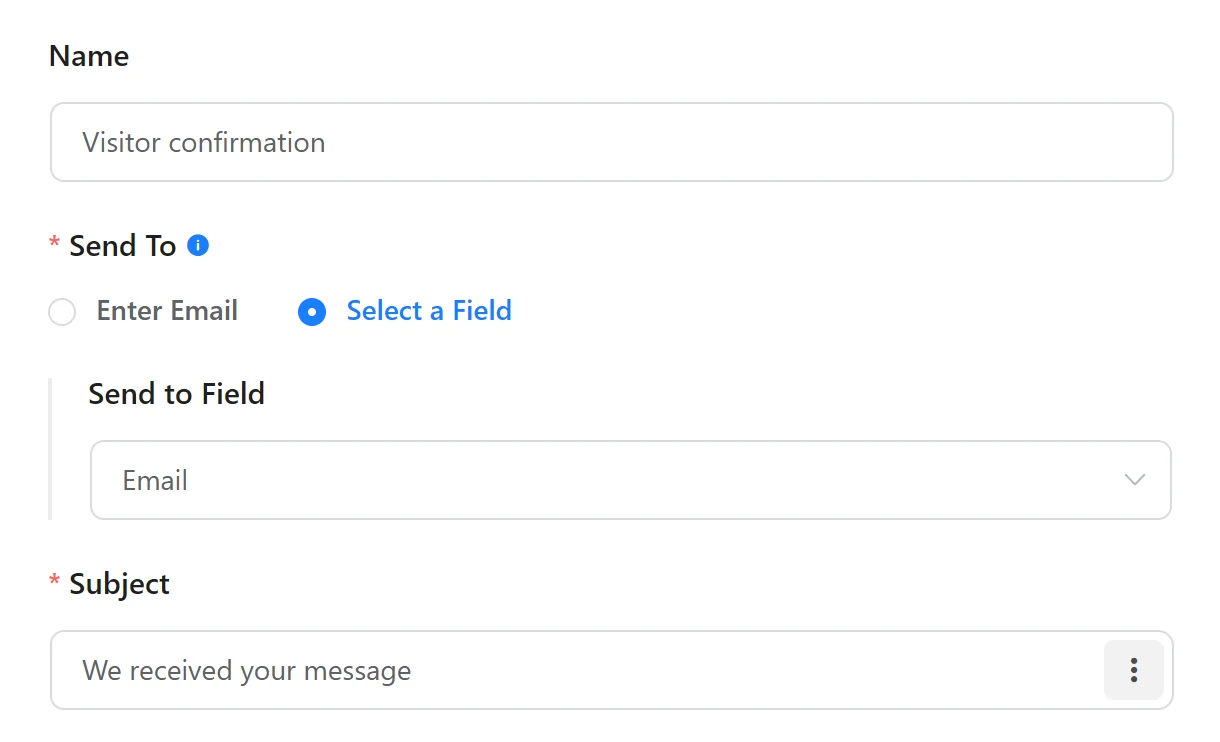 The visitor confirmation with Send To set to Select a Field and the form’s email field chosen