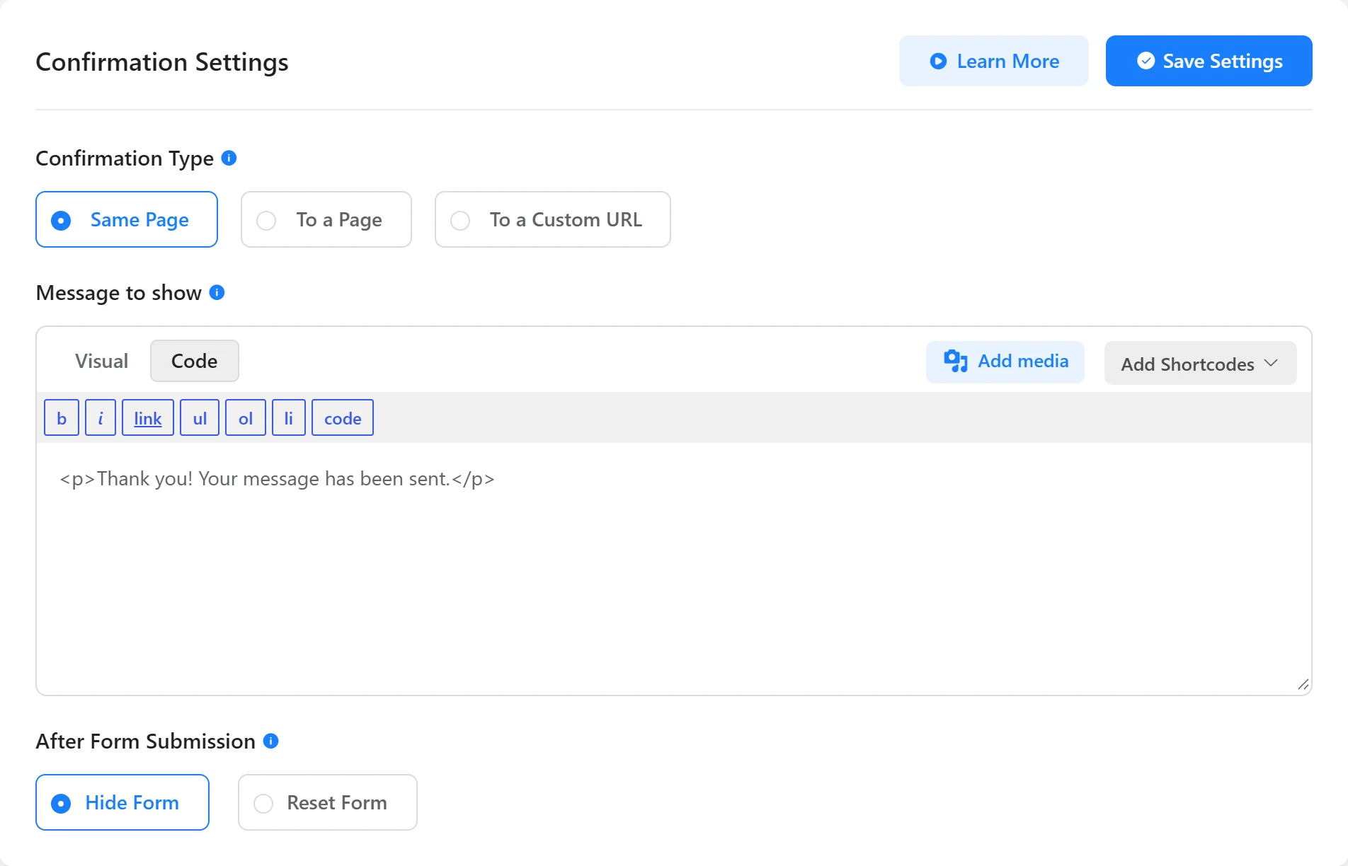 Fluent Forms Confirmation Settings with Same Page selected, the success message text and the Hide Form option