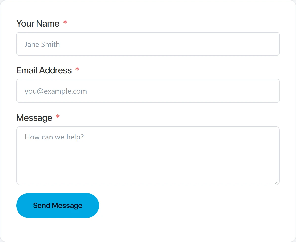 A Fluent Forms contact form with Your Name, Email Address and Message fields and a Send Message button