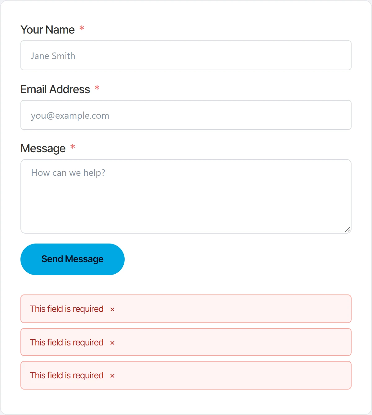 A Fluent Forms error stack styled as three pale red panels with dark red text