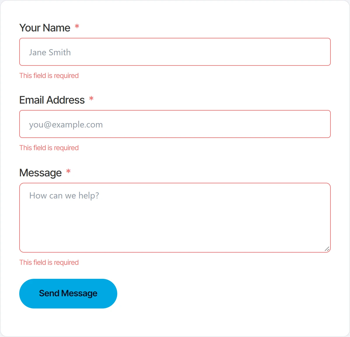 Fluent Forms required field errors, a thin red line under each empty field