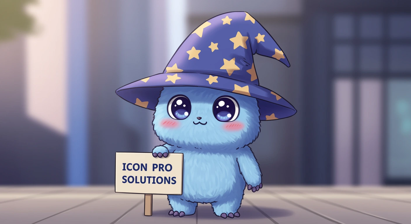 A blue, fluffy creature in a wizard hat holding a sign with 'Icon Pro Solutions' in a modern, corporate setting