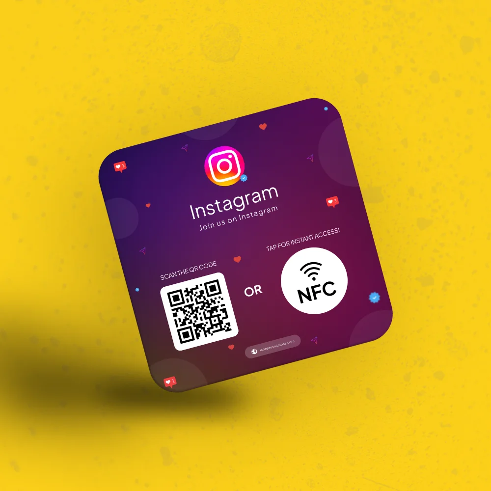 Instagram NFC card with a QR code and an NFC badge, labeled Join us on Instagram