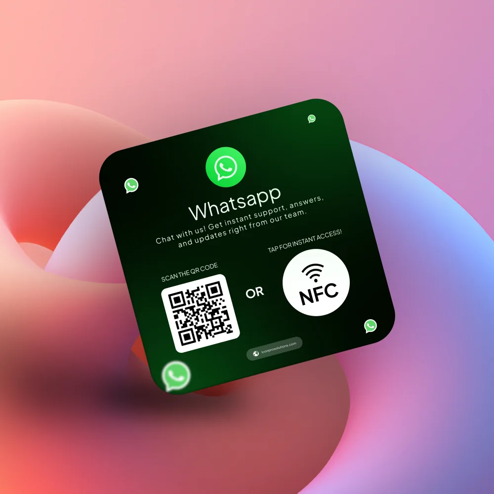 WhatsApp NFC card with a QR code and an NFC badge for instant chat support