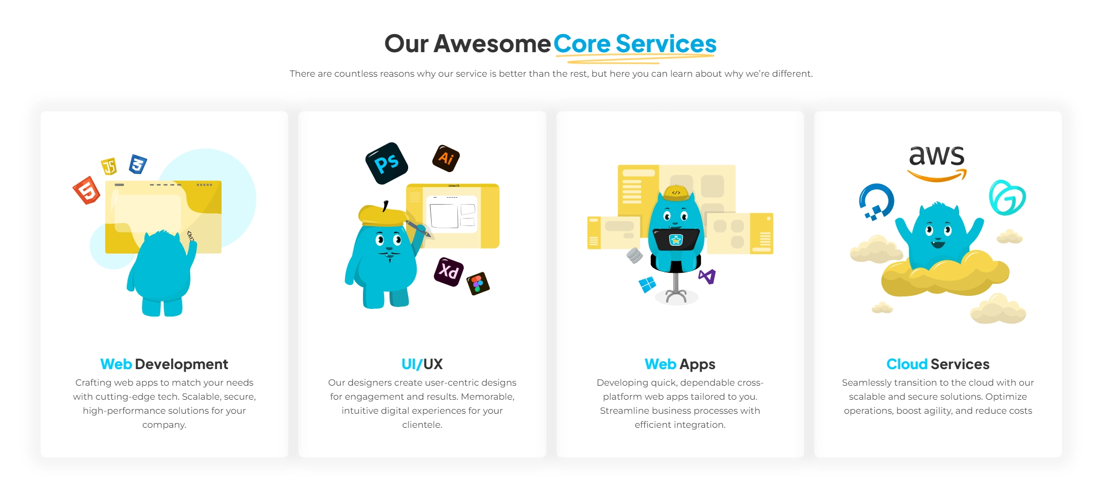 Our Awesome Core Services: Web Development, UI/UX, Web Apps and Cloud Services cards with the mascot