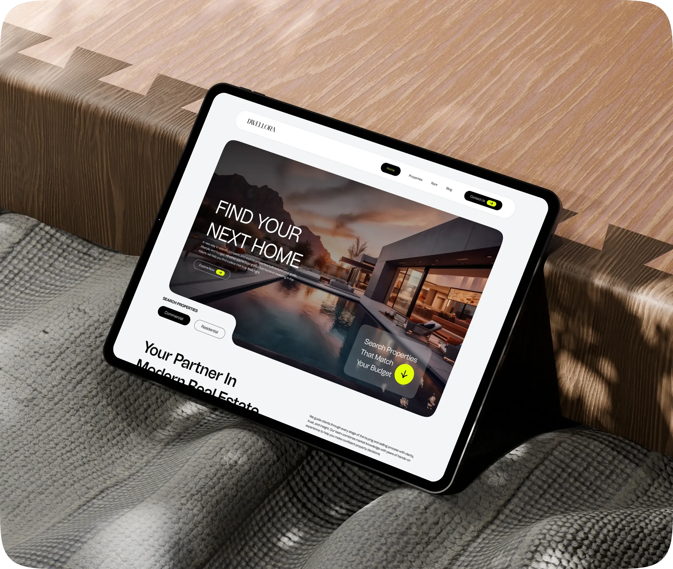 Dwellora property landing page on a tablet