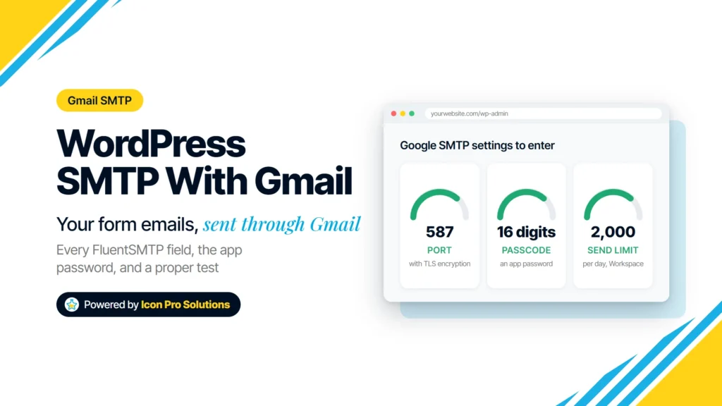 How to set up WordPress SMTP with Gmail in FluentSMTP: port 587 with TLS, a 16-digit app password, and the Workspace sending limit