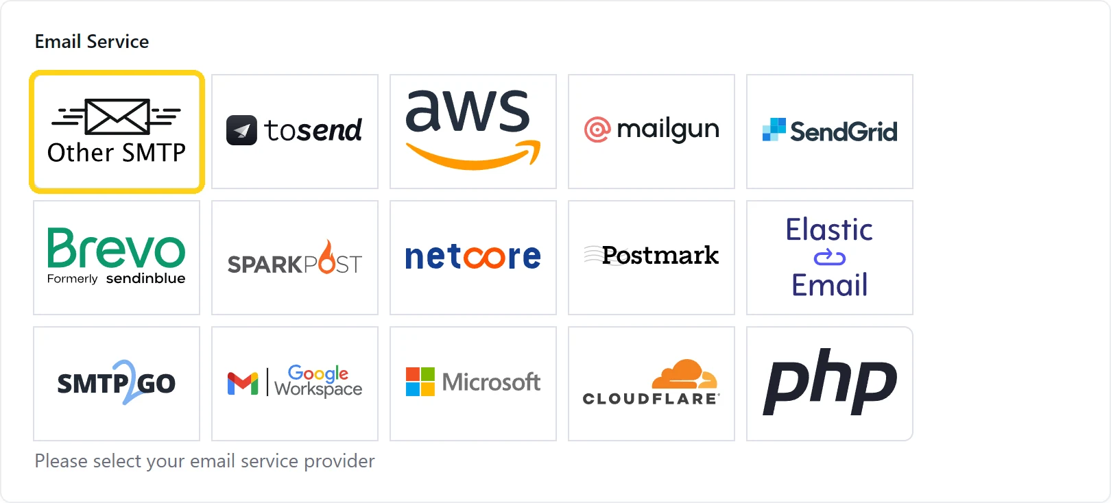 The FluentSMTP connection picker with the Other SMTP tile highlighted, next to the Google Workspace tile