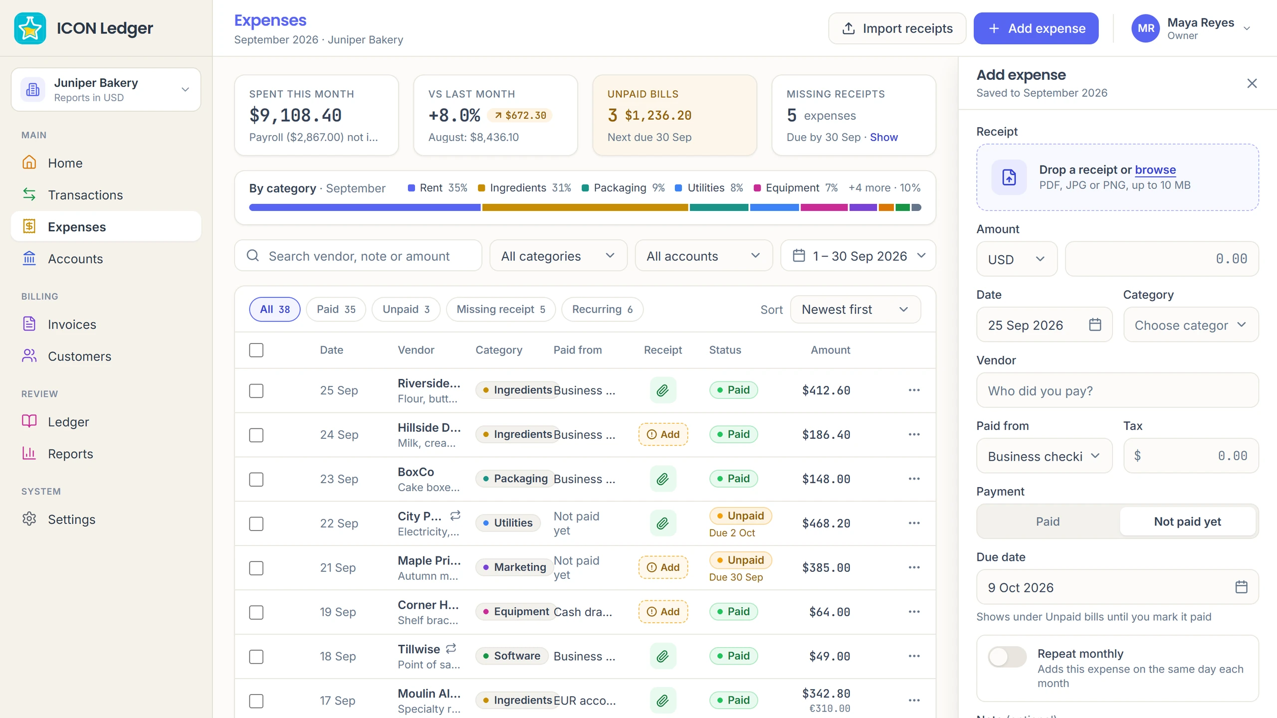 Icon Ledger expenses: spent this month, unpaid bills, missing receipts and the add expense panel