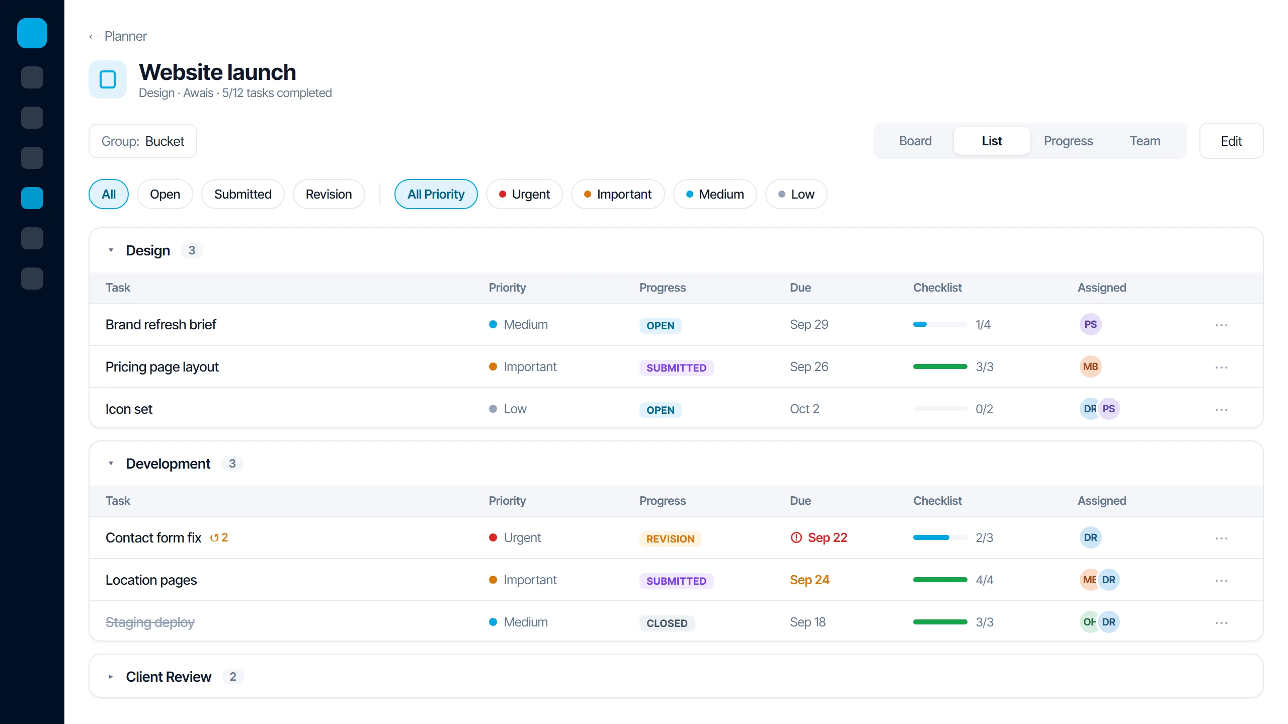 Icon Planner list view with tasks grouped by bucket, priorities, due dates and checklists
