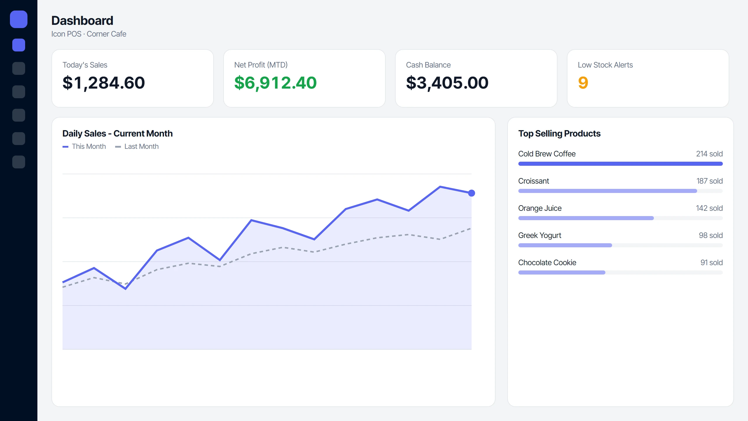 Icon POS dashboard with today's sales, net profit and daily sales chart