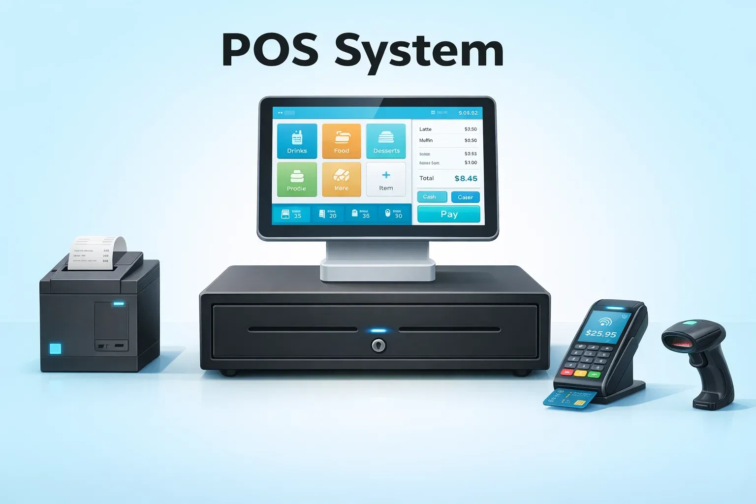 Illustration titled POS System showing a touchscreen till, cash drawer, receipt printer, card reader and barcode scanner