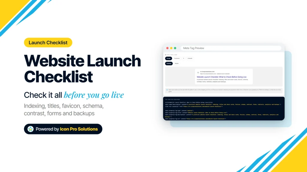 Website launch checklist, with the Meta Tag Preview showing this post’s own Google search result
