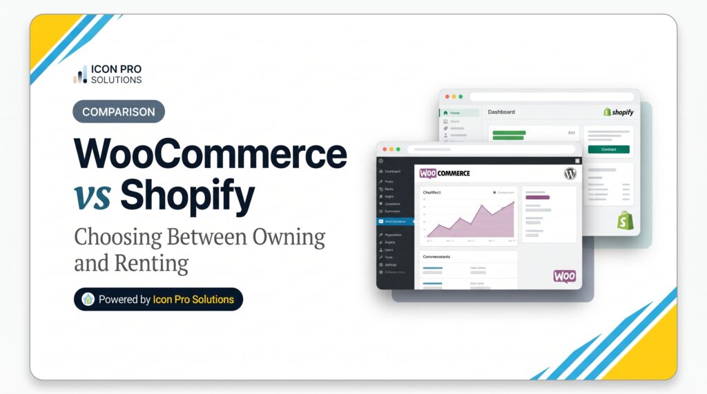 WooCommerce vs Shopify Choosing Between Owning and Renting," featuring brand illustrations of both platforms, designed by Icon Pro Solutions.