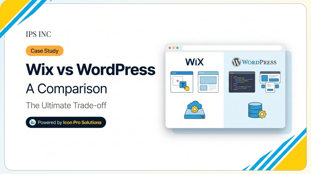Wix vs WordPress side-by-side platform comparison graphic showing hosted site builder vs open-source CMS features