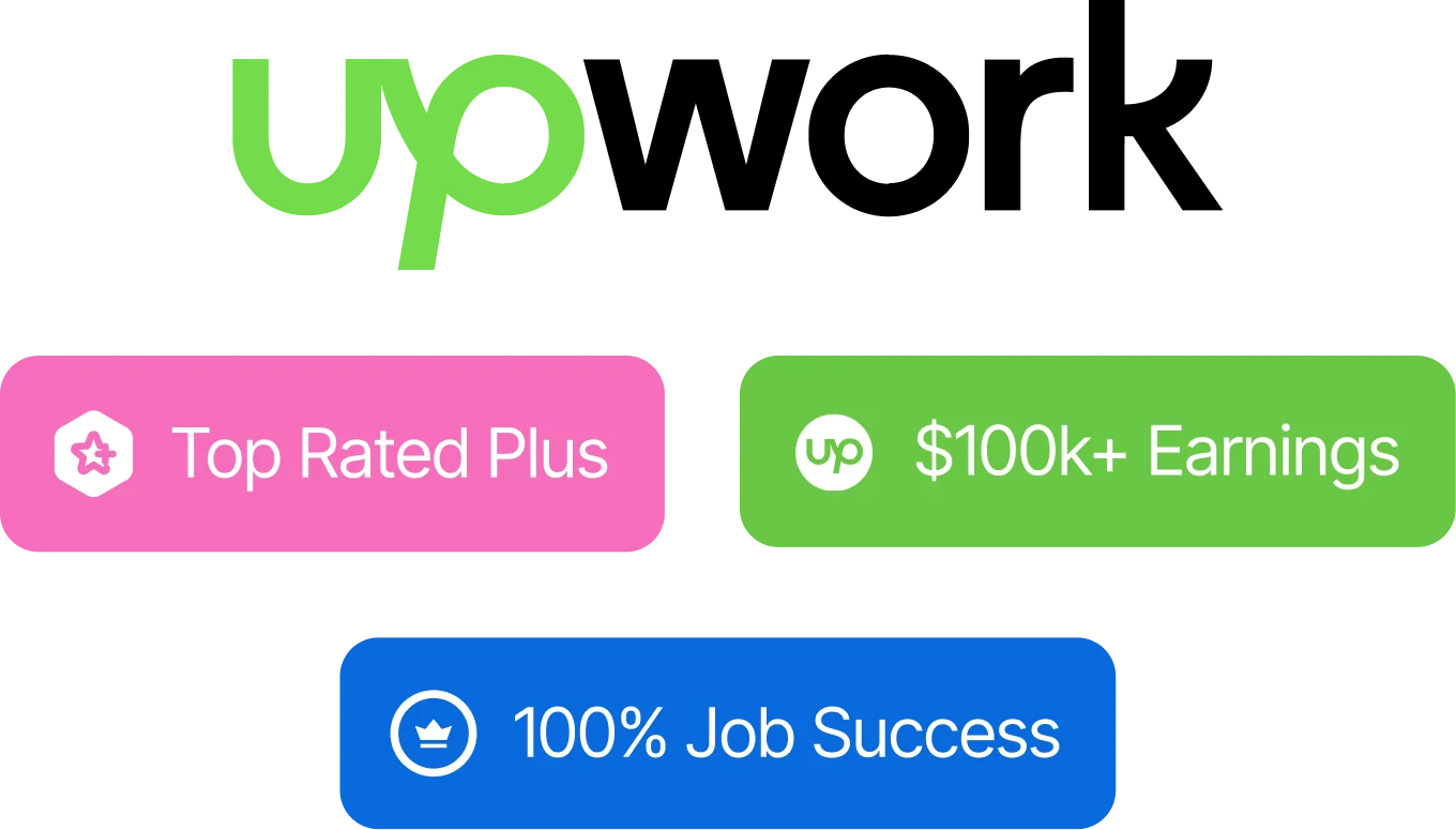 Upwork badges: Top Rated Plus, $100k+ Earnings and 100% Job Success