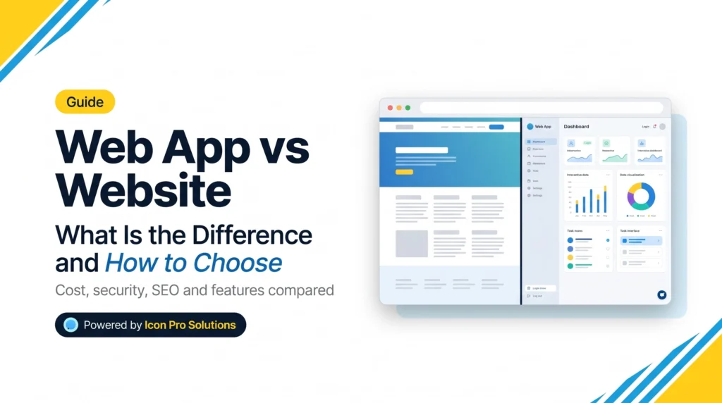 Web App vs Website comparison guide thumbnail showing a static informational webpage next to an interactive web application dashboard, powered by Icon Pro Solutions.