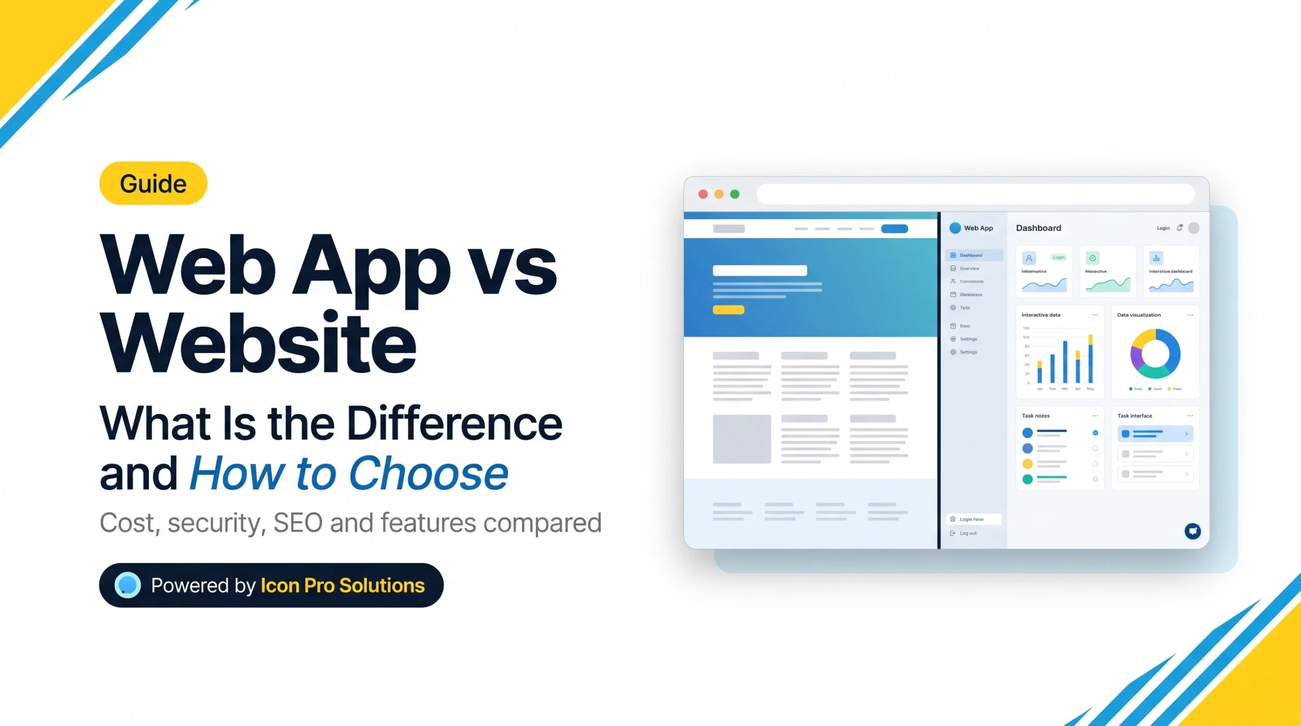 Web App vs Website comparison guide thumbnail showing a static informational webpage next to an interactive web application dashboard, powered by Icon Pro Solutions.