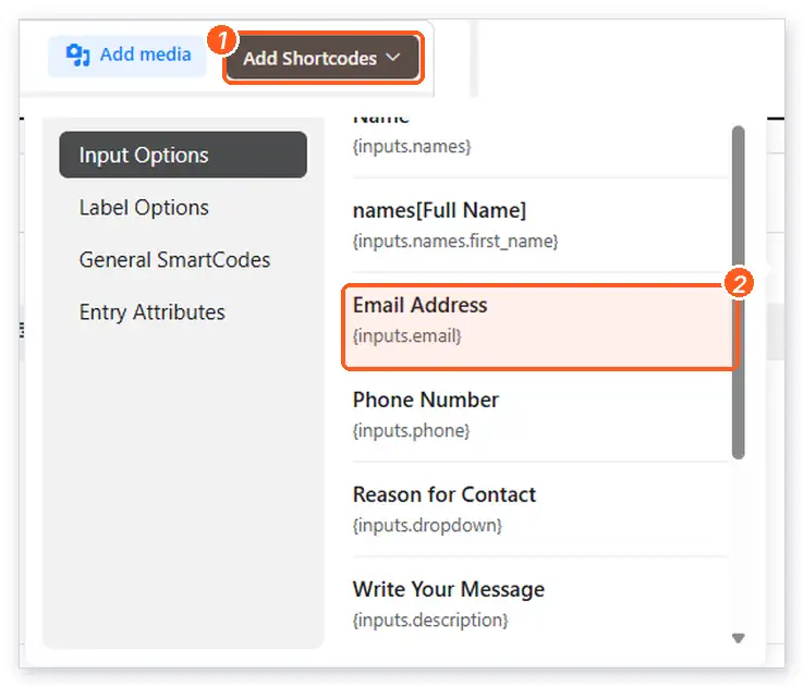 The Fluent Forms Add Shortcodes list open on Input Options, showing each form field with its shortcode, such as the name and email shortcodes
