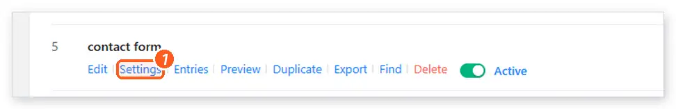 The Fluent Forms All Forms list with the Settings link under a contact form highlighted