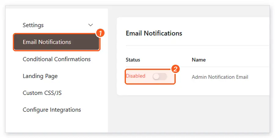 The Fluent Forms Email Notifications screen with the default Admin Notification Email switched to Disabled