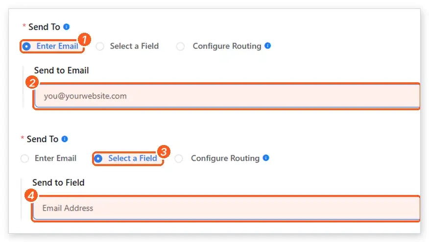 Fluent Forms Send To options shown twice: Enter Email with an address typed into Send to Email, and Select a Field with the Email Address field chosen