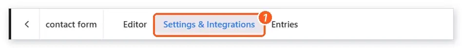 The Fluent Forms form editor’s top menu with the Settings and Integrations tab highlighted