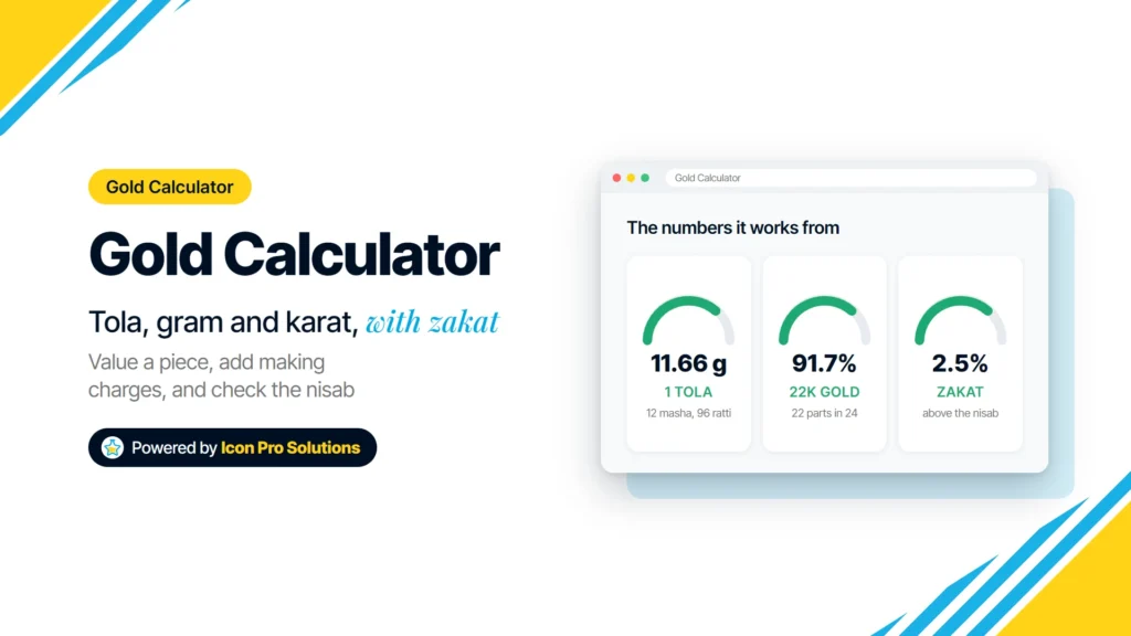 Gold calculator for tola, masha, ratti and grams, with karat and zakat